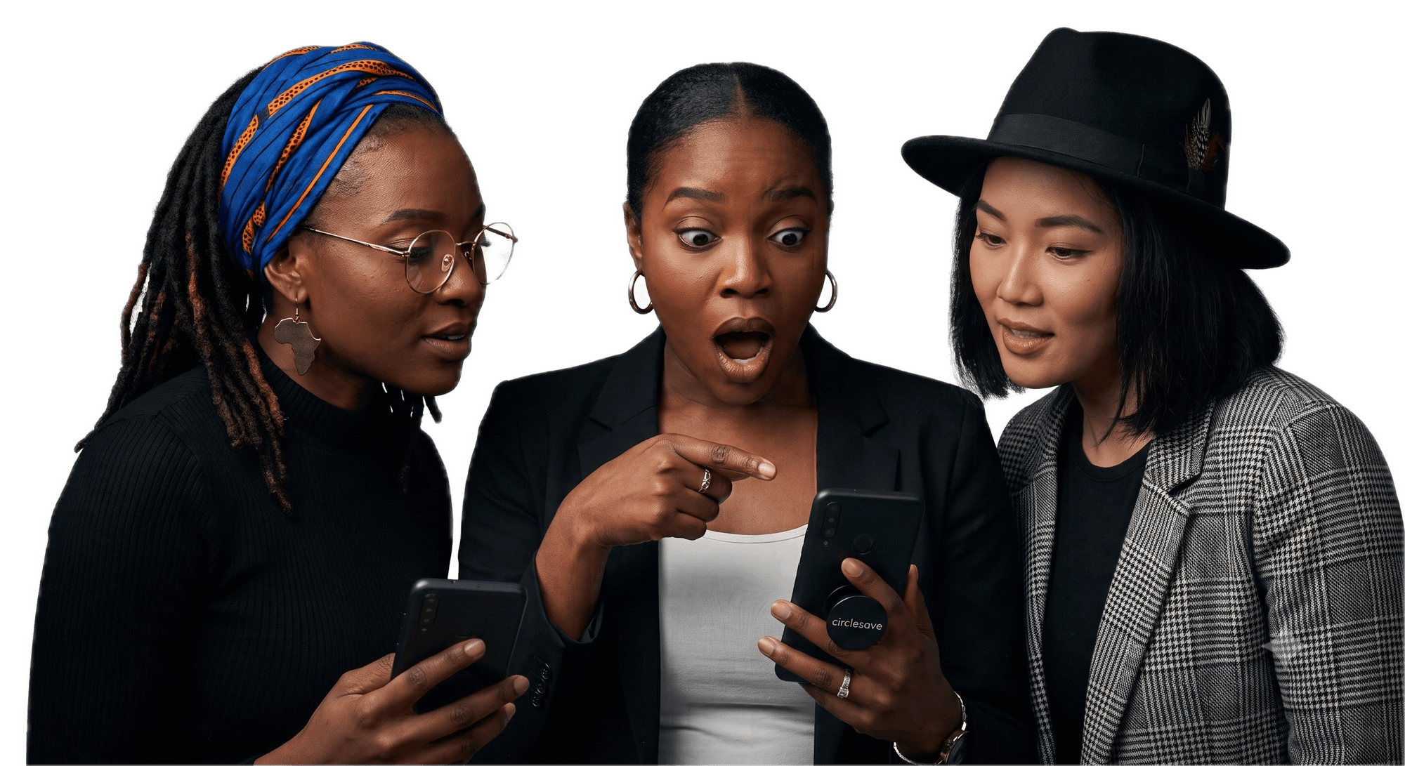 Three CircleSave members gathered around a phone, reacting with surprise and excitement
